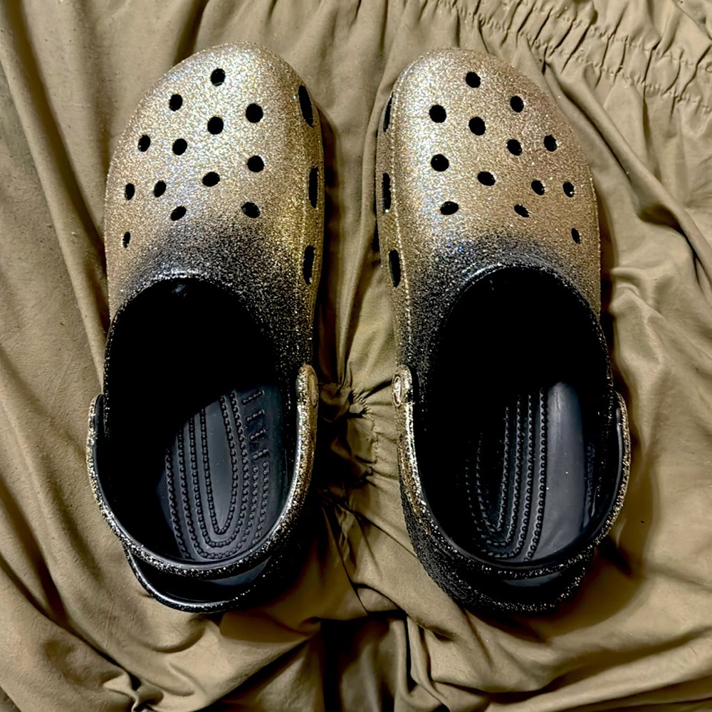 Gold and black glitter Crocs